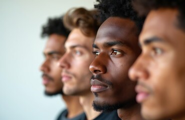 Obraz premium Four young men diverse ethnicities stand together as friends. They look forward with confidence. Their unity suggests teamwork and community.