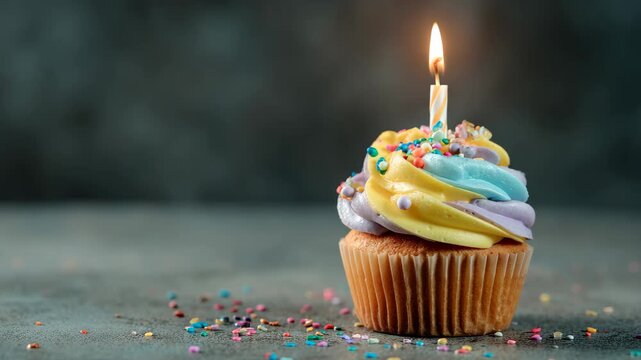 Colorful frosted cupcake with lit candle