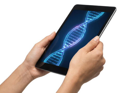 Hands holding a tablet displaying a glowing DNA strand isolated on transparent background