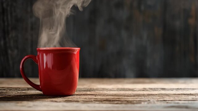 Steaming red coffee cup on wooden table with dark background