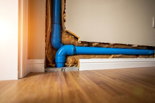 Blue water pipe installed inside wall showing cross section of plumbing system during construction ideal for home repair renovation engineering maintenance infrastructure illustration concept design