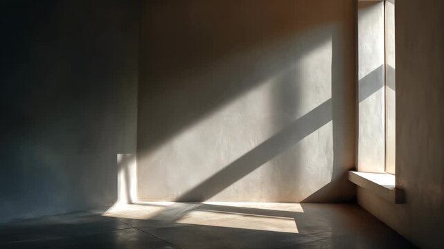 Sunlight window grid shadows on wall in minimalist interior