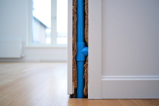 Blue water pipe installed inside wall showing cross section of plumbing system during construction ideal for home repair renovation engineering maintenance infrastructure illustration concept design