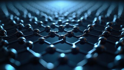 Fototapeta premium Close view of dark graphene material structure at atomic level with hexagon pattern. Dark blue light reflects off shiny carbon atoms in a repeating network, showing nano tech.