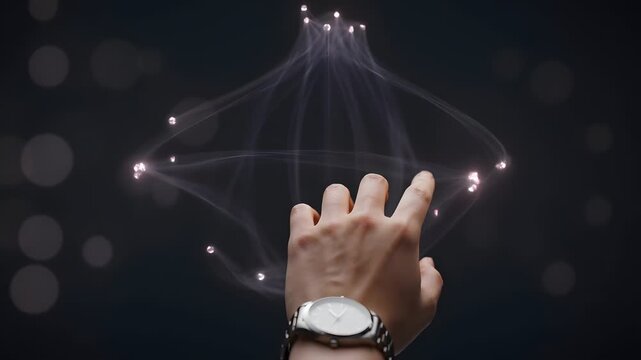 Futuristic digital light interface glowing over fingertips
