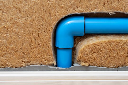 Blue water pipe installed inside wall showing cross section of plumbing system during construction ideal for home repair renovation engineering maintenance infrastructure illustration concept design