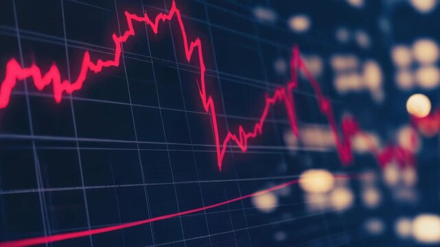 Red line graph showing a sharp decline on a dark background for financial crisis and stock market, money concept