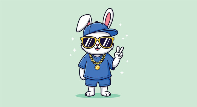 Cool cartoon rabbit character wearing sunglasses and hip hop outfit.