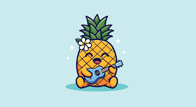 Cute cartoon pineapple character playing acoustic guitar illustration.