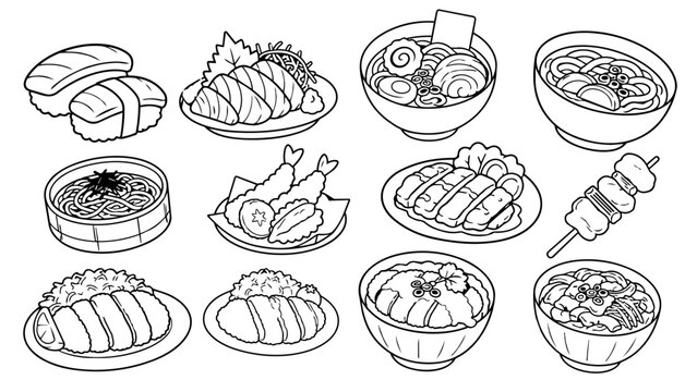 Hand drawn Japanese food menu icons vector set featuring sushi, ramen, tempura, noodles, yakitori, curry rice, and rice bowls in black outline style for restaurant menus, coloring pages, and Asian cui