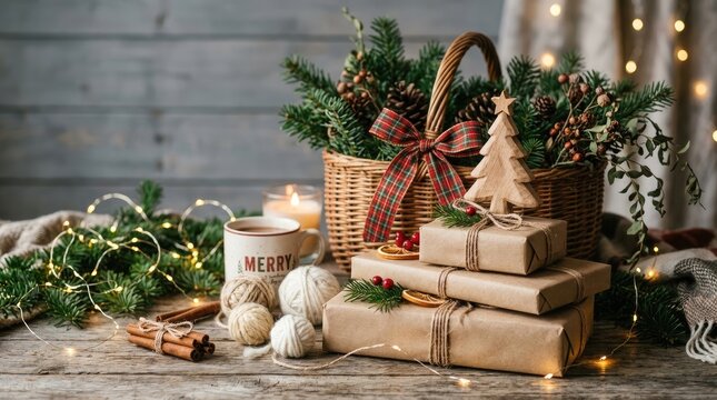 Festive holiday still life cozy christmas scene with gifts evergreenery and warm lighting
