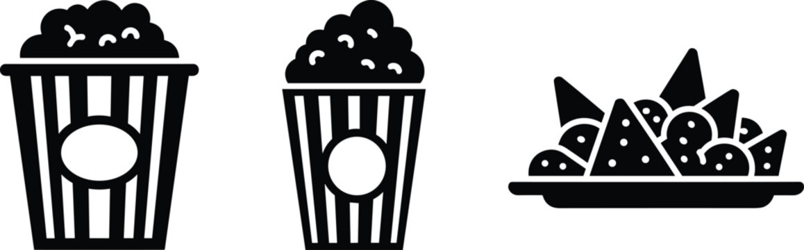 Snack food icons set with popcorn hotdog and nachos isolated on white background black silhouette collection for fast food and cinema snack use