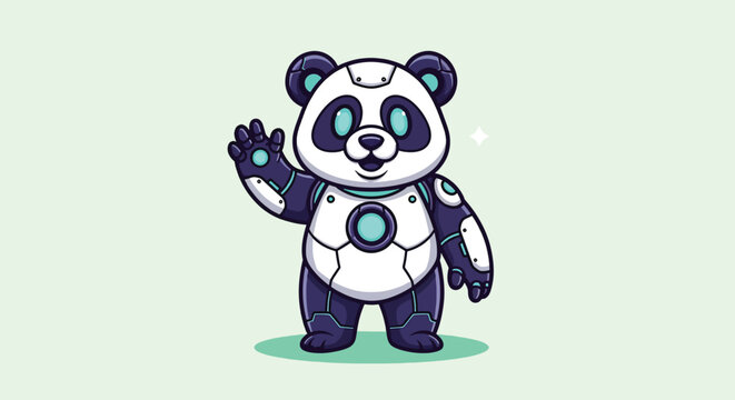 Cute robotic panda waving hello cartoon vector illustration.