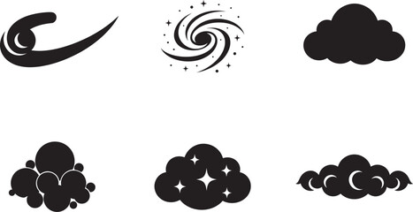 Black Celestial Cloud and Galaxy Silhouette Set on White Background, Moon Star Symbol Collection © PNG