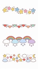 Naklejka premium Kawaii header border illustrations with cute stars, hearts, rainbows, and clouds