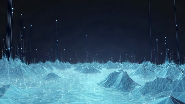 Ethereal digital landscape with glowing light beams and low poly terrain
