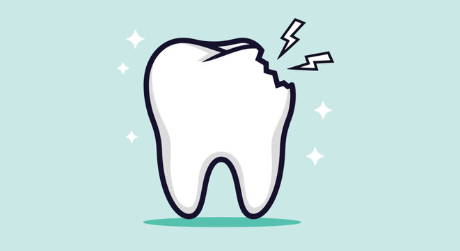 Illustration of a broken and chipped human tooth with pain symbols.
