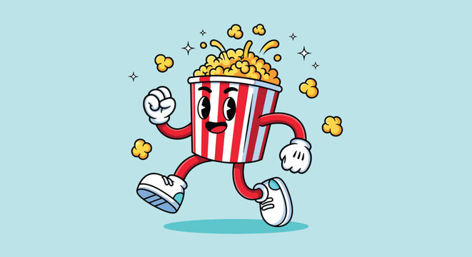 Vintage Style Cartoon Popcorn Bucket Mascot Running and Smiling.