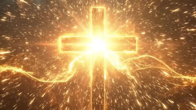 Glowing golden cross with bright light and abstract energy lines in the dark