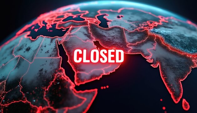 Digital globe map shows Middle East region with glowing red borders. Text overlay reads CLOSED in neon red, indicating a blockade or crisis. Global impact concept.