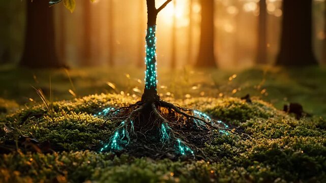 Tree roots glow with digital light in forest moss. Bioluminescent trunk spreads turquoise network through roots. Tree shows glowing connection in moss. Digital roots spread in forest soil.