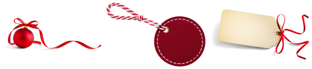 Christmas ornament, round tag and blank label with red ribbons, isolated on transparent background © Trieu