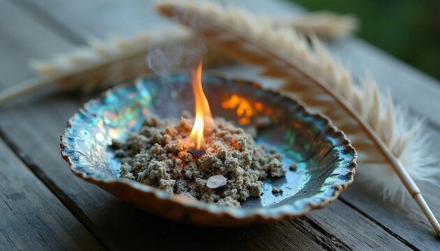 Burning sage and sweetgrass in a decorative abalone shell holder emits fragrant smoke. Feathers nearby add to the peaceful, natural, spiritual ambiance of the ritual.