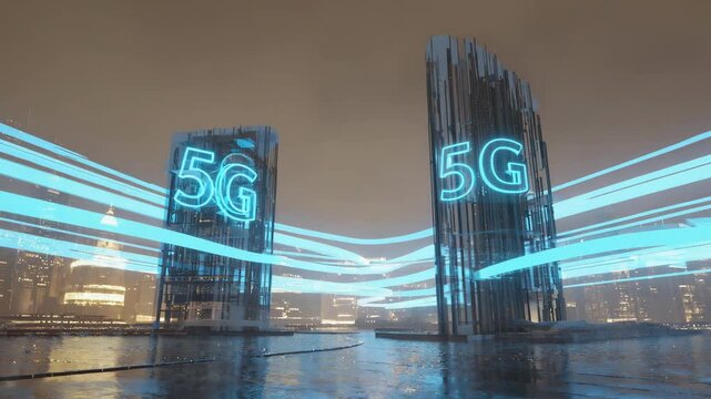5G logos glowing on modern skyscrapers with blue data light trails for high speed mobile network, tech concept