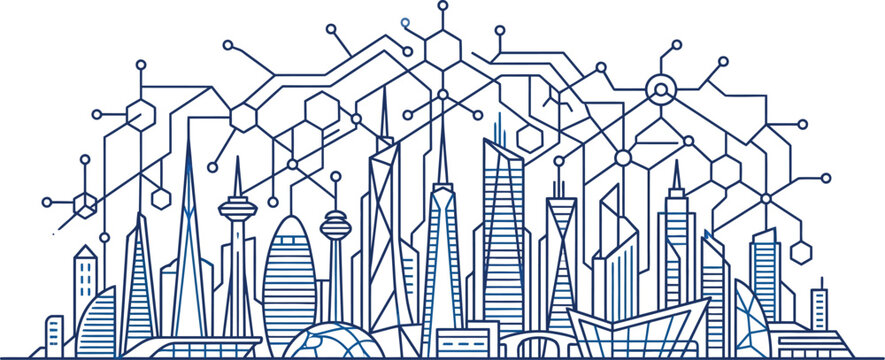 Skyscrapers form a digital network representing smart city infrastructure.