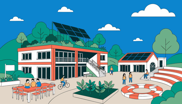 Very beautiful eco-friendly green school with rooftop gardens, solar panels, outdoor classrooms, and sustainable educational spaces in modern vector illustration style.