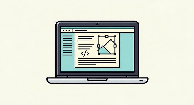 Laptop computer with web design interface on screen