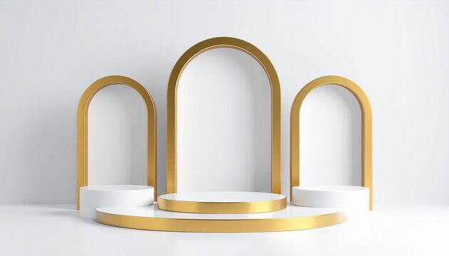 Elegant 3D product display podium with gold arches and white circular platforms for luxury cosmetic presentation and branding showcase.