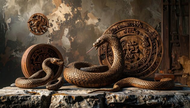 Two Snakes Entwined Around Ancient Shield.