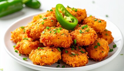 Fototapeta premium A delicious plate of golden crispy chicken nuggets topped with fresh green chili slices and herbs for a savory and spicy appetizer snack.