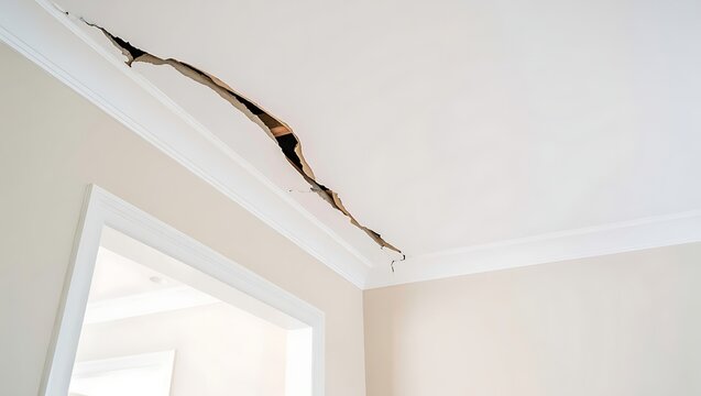 Large crack in textured ceiling near door frame showing structural damage, settling, moisture issues, requiring inspection, repair, renovation, highlighting residential home safety concerns risk asses