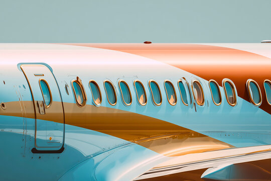 Realistic aircraft fuselage section with detailed passenger windows and elegant airline color patterns, modern aviation engineering with metallic textures and smooth aerodynamic structure, premium 