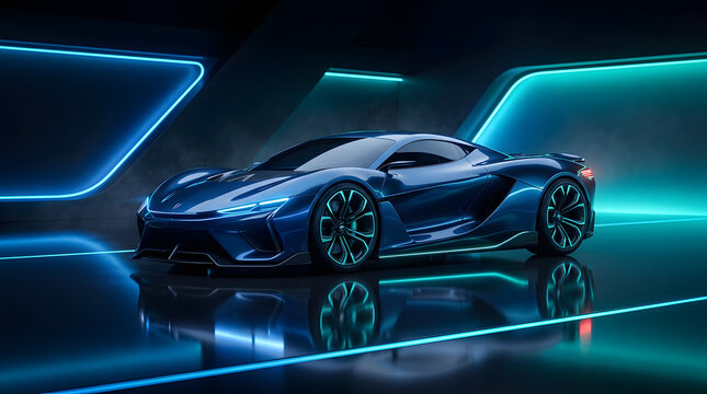 Futuristic sports car in neon-lit studio with sleek reflective surface and blue lighting