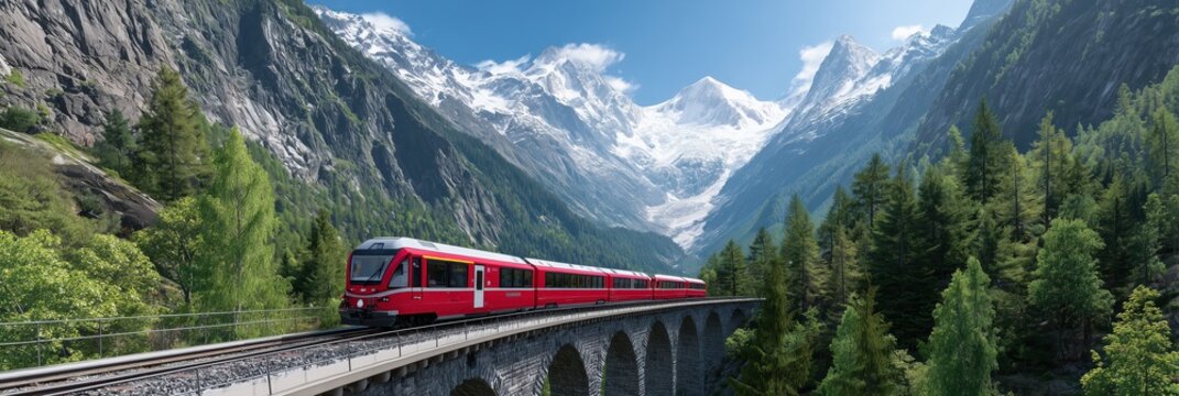 Scenic Red Train Crossing Alpine Valley Bridge
