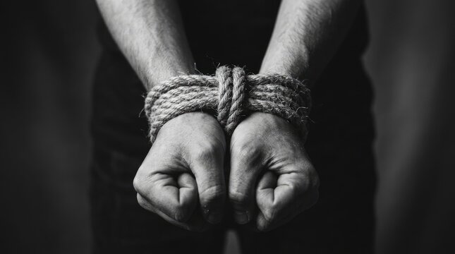 World day against trafficking in persons hands bound by rope symbolizing human exploitation and modern slavery