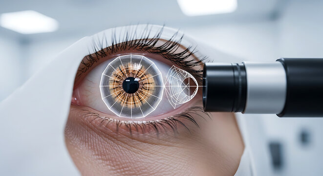 Close-up of human eye with colored contact lens, eye examination, medical setting, nobody