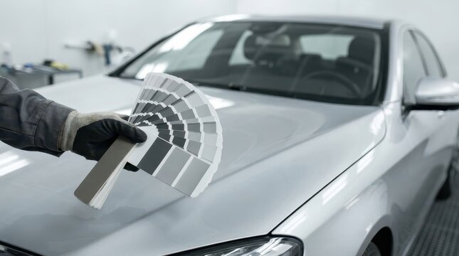 Car refinish technician with work gloves holding grey graduated paint fan deck against silver sedan hood in body shop