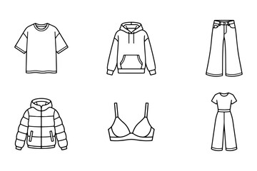 Minimalist clothing line icons set, fashion apparel technical sketches including hoodie and puffer jacket, 6 garment vector outlines for retail © Creative Wings