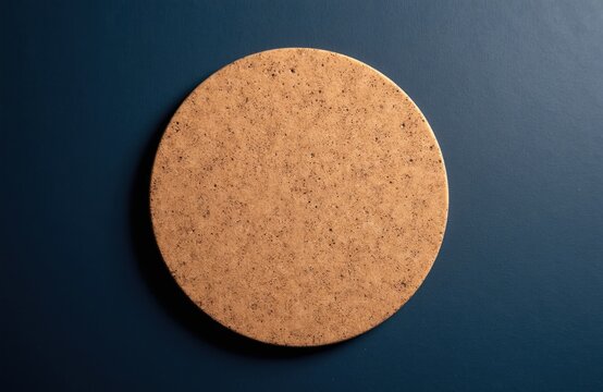 Round cork coaster sits on dark blue textured surface. Top down view shows neutral blank space for copy. Minimalist background for drink presentation.