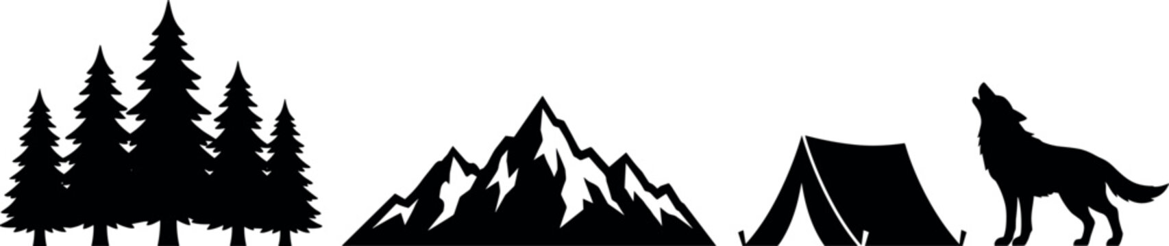 Outdoor camping silhouettes featuring forest trees mountains tent and howling wolf at night.