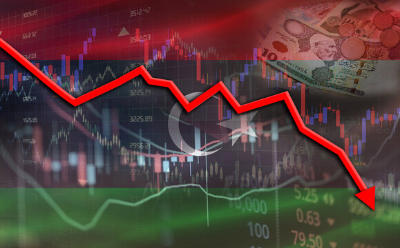 Libya financial fall on economy market. Libyan financial crisis on economic graph