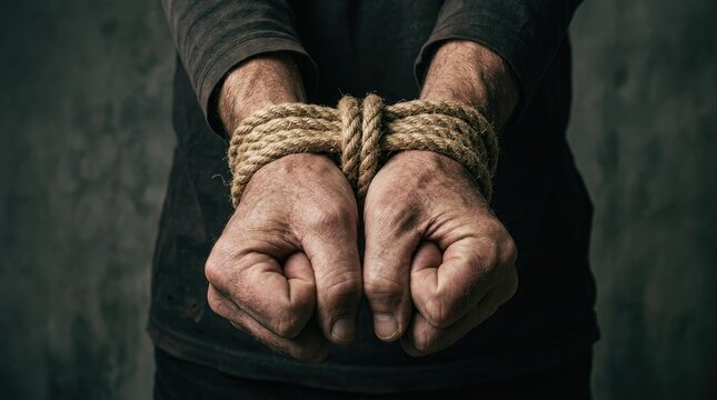 World day against trafficking in persons close up of bound hands symbolizing human exploitation and modern slavery
