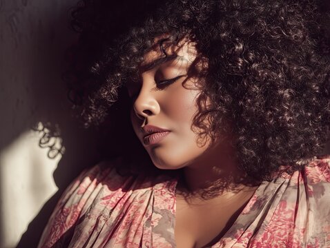 portrait of an oversize model with curly hair