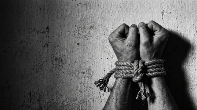 World day against trafficking in persons hands bound by rope symbolizing human exploitation and modern slavery