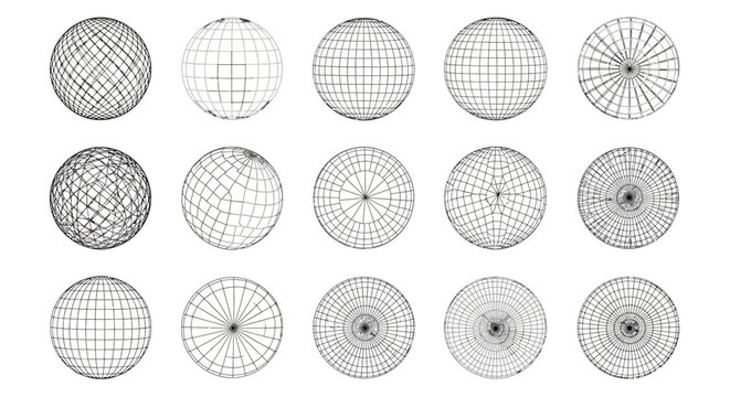 Set of geometric wireframe spheres, each displaying a unique grid pattern and varying complexity