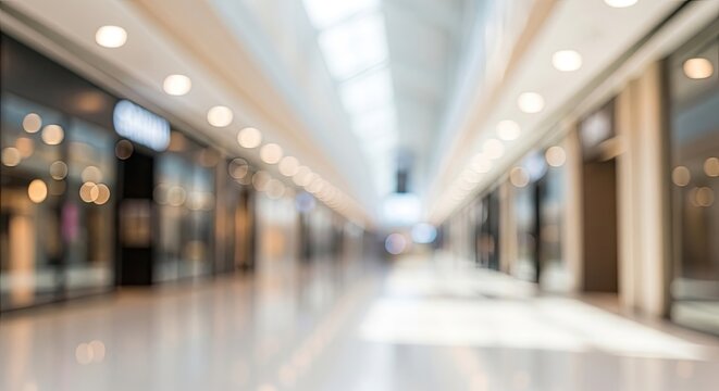 Blurred background of modern shopping mall interior with bright lights and empty stores.